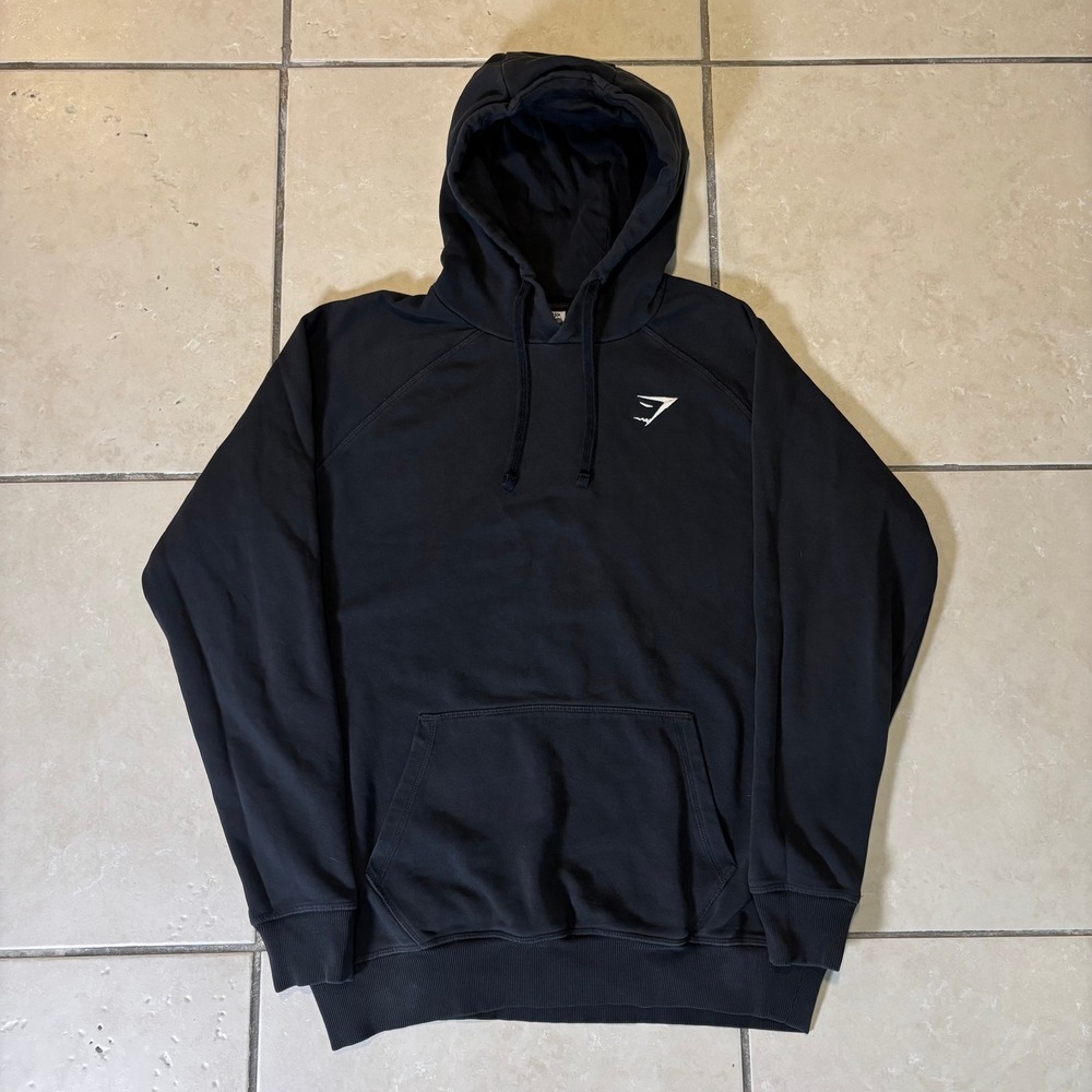 Gymshark Mens Crest Pullover Hoodie Black Medium Raglan Sleeve Fleece Sweatshirt